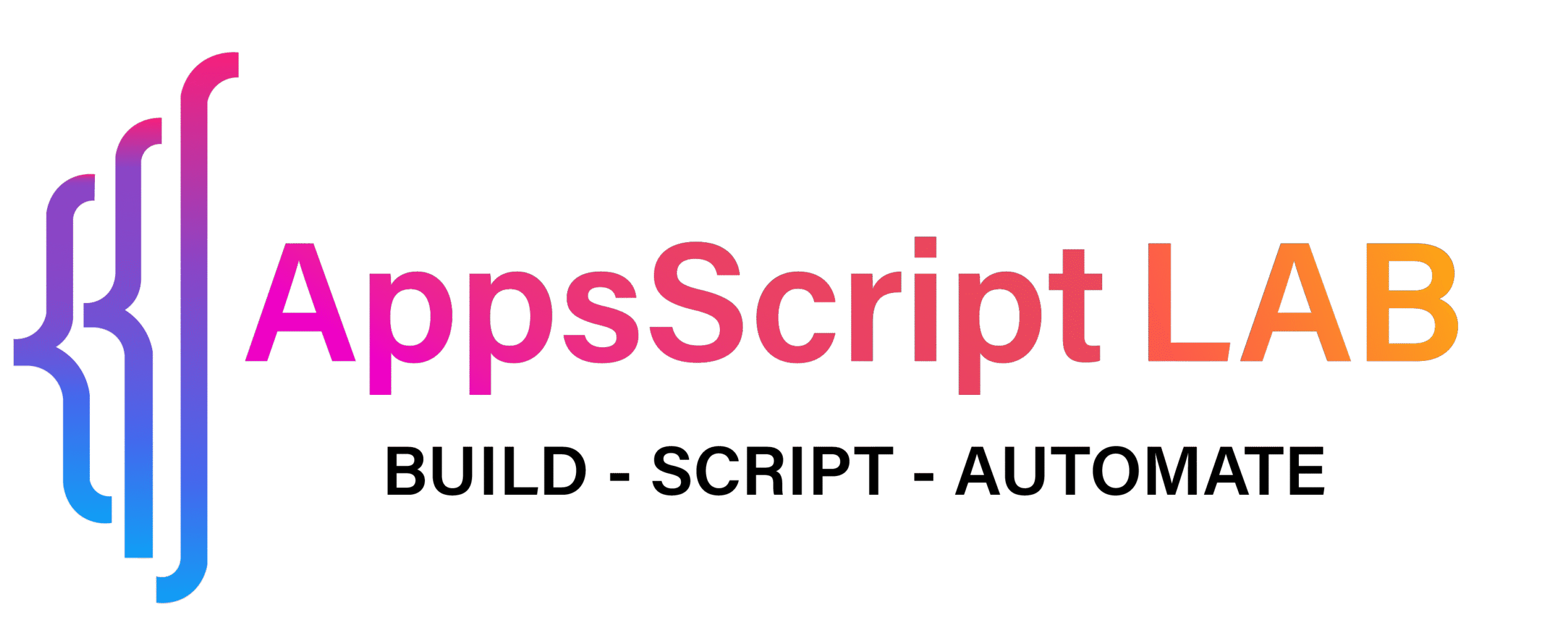 AppsScript LAB logo with gradient curly braces and bold text in a pink-to-orange gradient
